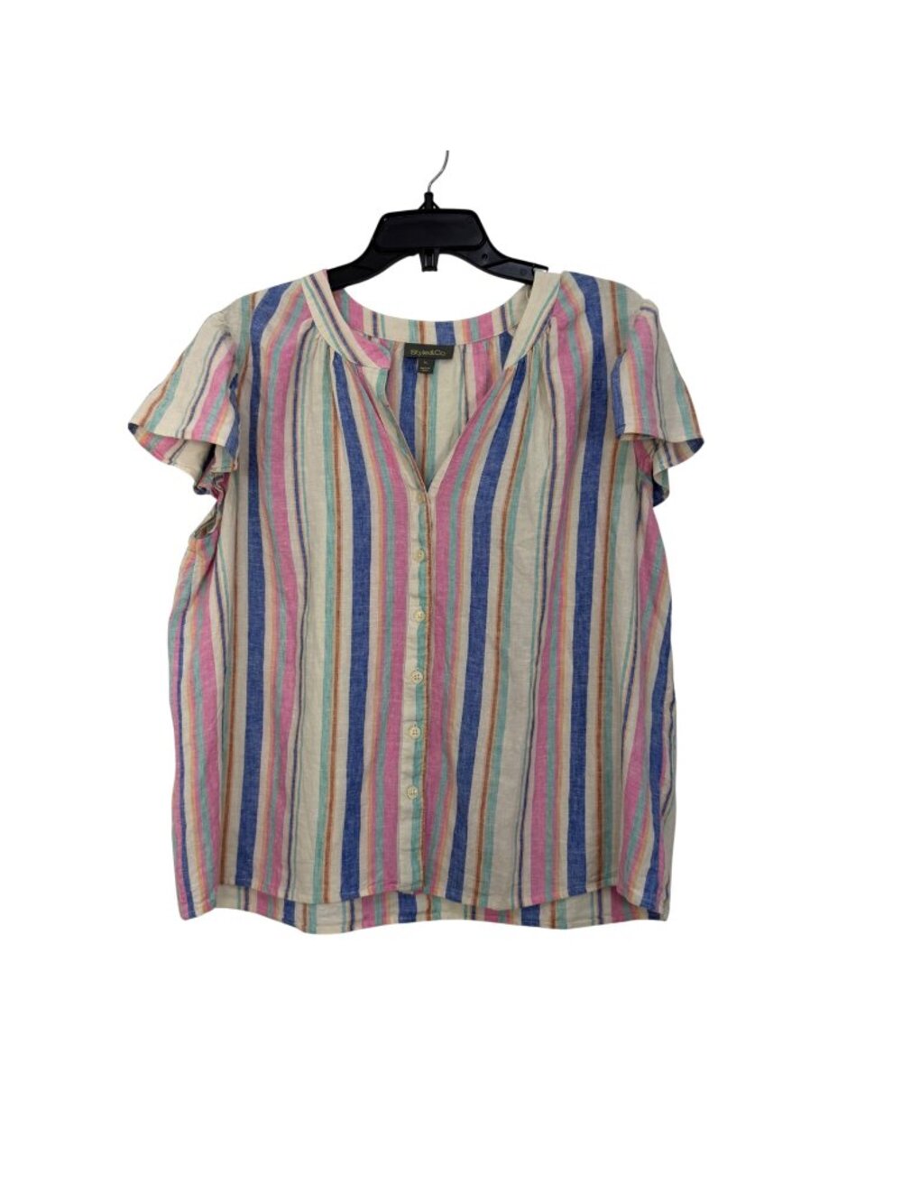 Style & Co Womens Striped Linen Modal Blend Button-Front Short Sleeve Blouse XL